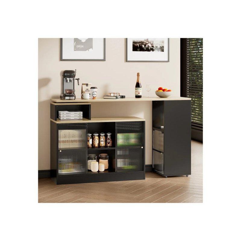 Siyah MDF Cam Kapılı Genişletilebilir Bar Masası 90x100x155 cm - 88546