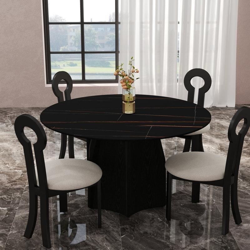 Siyah Mermer Görünümlü Yuvarlak Bohem Mutfak Masası 135 cm Ayaklı Desen ile 4 Sandalyeli Set - 85243.0