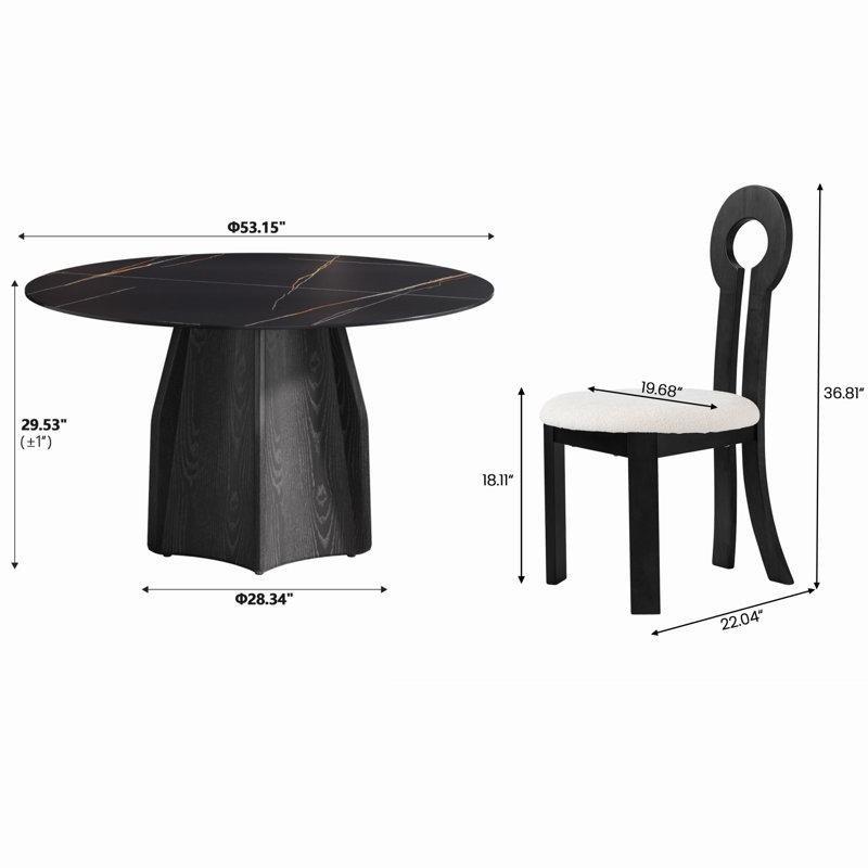 Siyah Mermer Görünümlü Yuvarlak Bohem Mutfak Masası 135 cm Ayaklı Desen ile 4 Sandalyeli Set - 85243.0