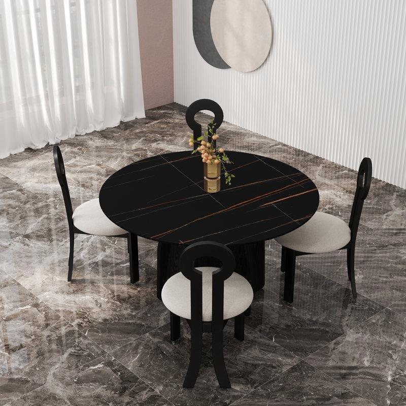 Siyah Mermer Görünümlü Yuvarlak Bohem Mutfak Masası 135 cm Ayaklı Desen ile 4 Sandalyeli Set - 85243.0
