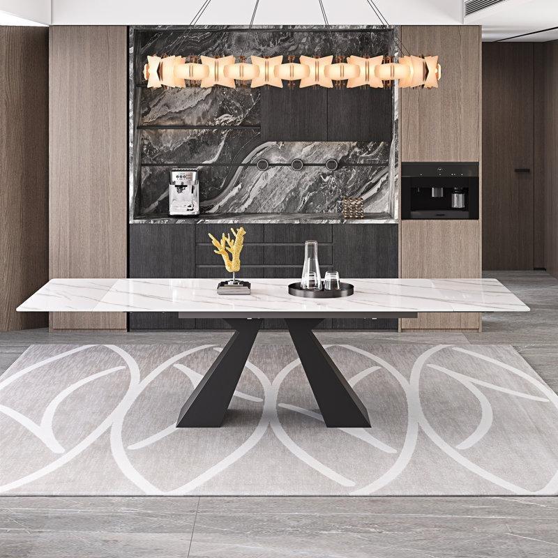 Siyah Metal Ayaklı Açılır Yemek Masası Mermer Görünümlü Beyaz Tablası 160 cm - 240 cm - 83539