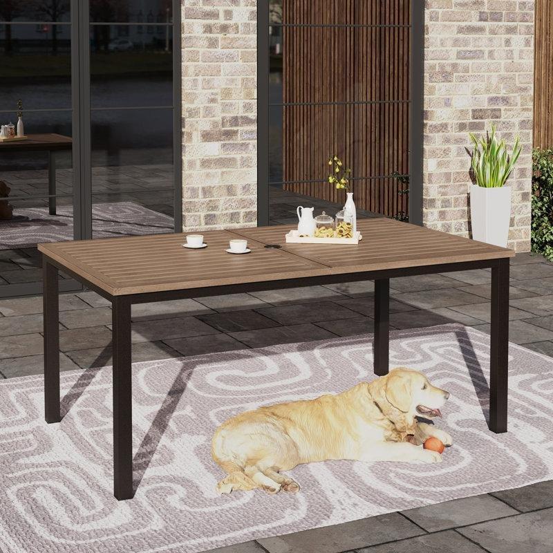 Siyah Metal Çerçeveli Kahverengi Ahşap Bahçe Yemek Masası 164x97 cm - 84574