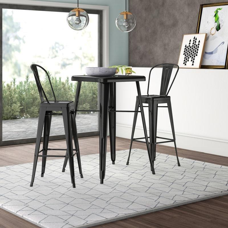 Siyah Metal Yüksek Bar Masası 70 cm Yüksekliğinde 2 Sırtlı Tabure ile - 85612.0