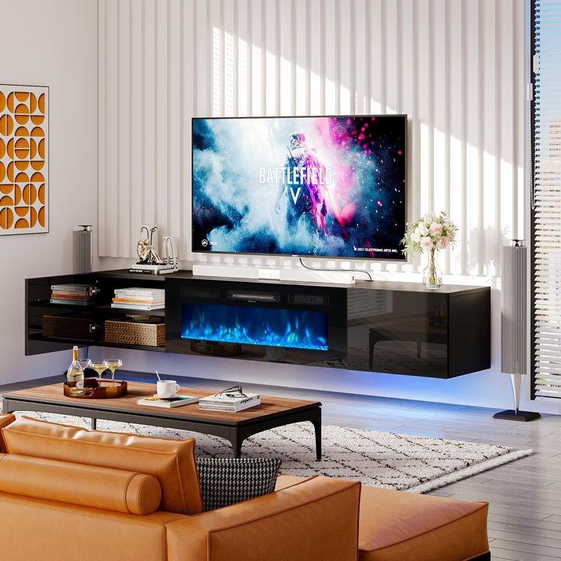 Siyah Parlak Kapılı 178 cm Şömineli TV Ünitesi Duvara Monte LED Aydınlatmalı - 83173