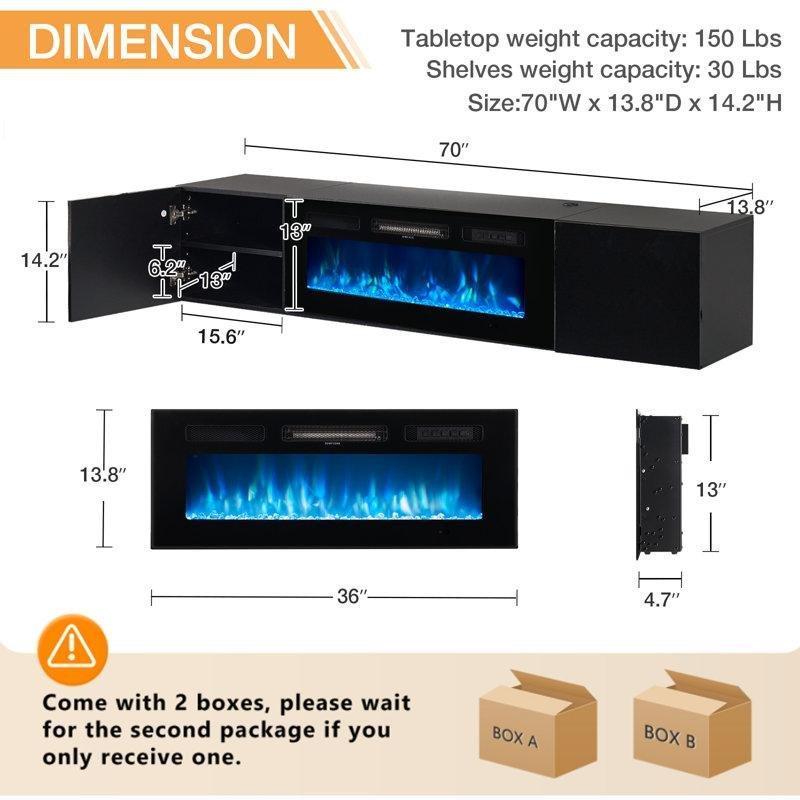 Siyah Parlak Kapılı 178 cm Şömineli TV Ünitesi Duvara Monte LED Aydınlatmalı - 83173