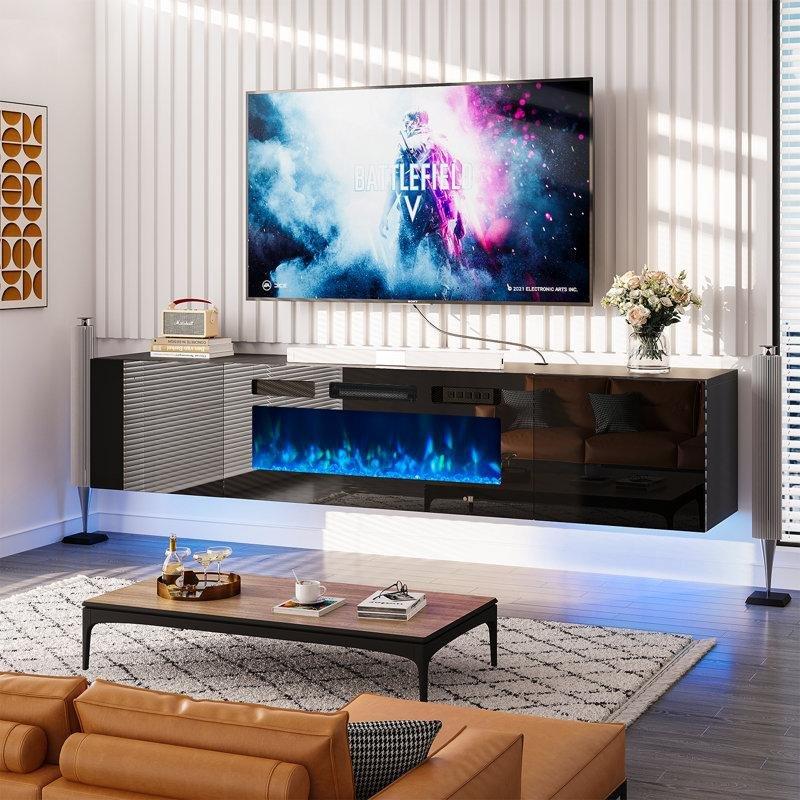 Siyah Parlak Kapılı 178 cm Şömineli TV Ünitesi Duvara Monte LED Aydınlatmalı – 83173