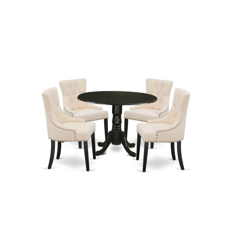 Siyah Pedestal Tabanı Açılır Yuvarlak Ahşap Mutfak Masası ve Krem Renk Düğmeli Keten Kumaş Sandalye Seti - 85411.0