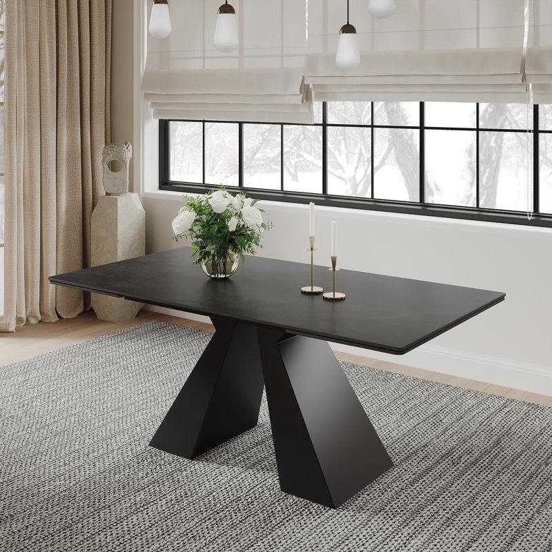 Siyah Taş Yüzeyli Açılır Yemek Masası 160-240 cm Karbonçelik Ayaklı - 83473