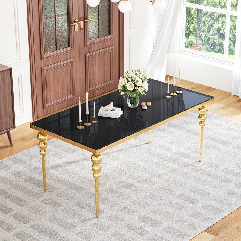 Siyah Temperli Cam Üstlü Gold Paslanmaz Çelik Ayaklı Modern Yemek Masası 178 cm - 86911