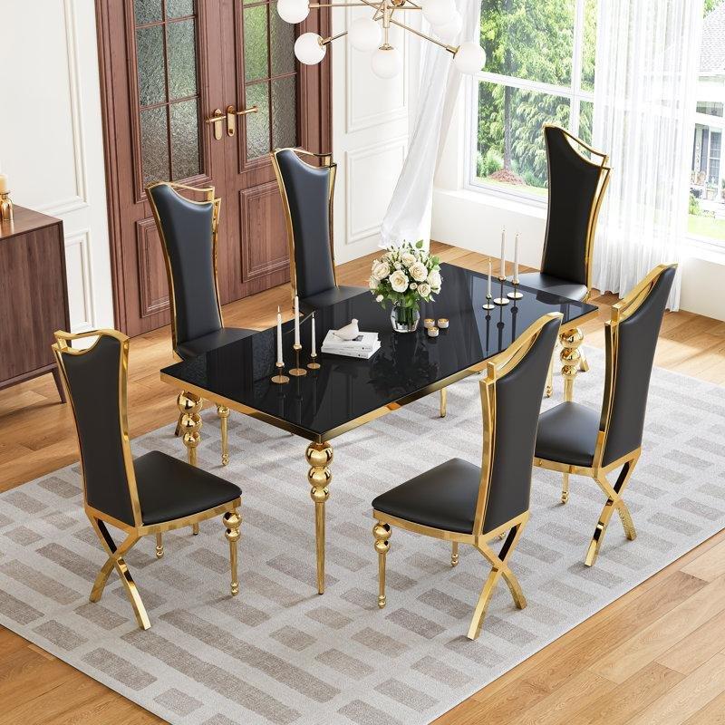 Siyah Temperli Cam Üstlü Gold Paslanmaz Çelik Ayaklı Modern Yemek Masası 178 cm - 86911