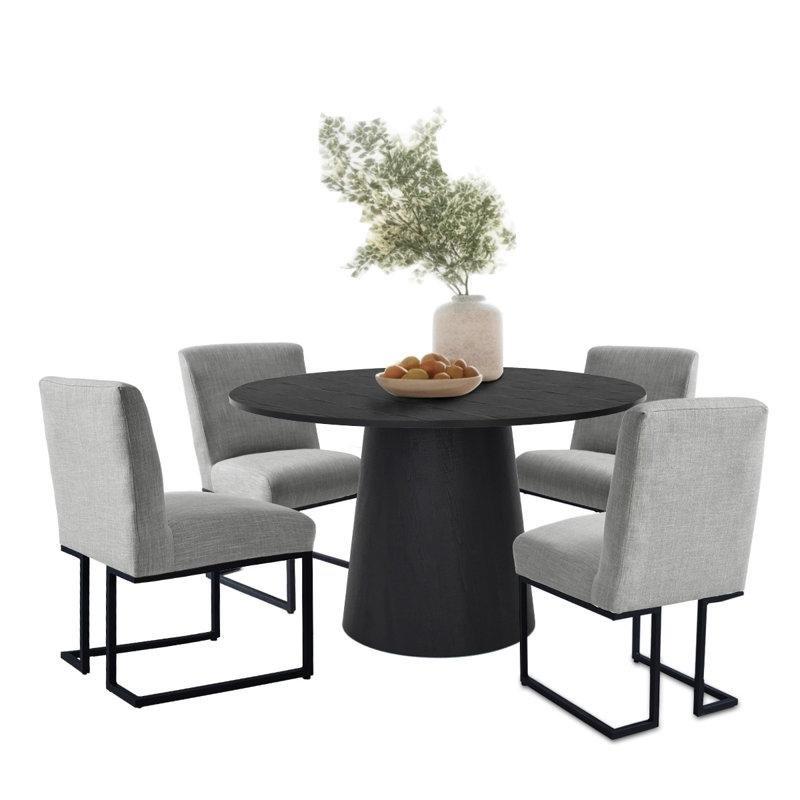 Siyah Yuvarlak Endüstriyel Ahşap Mutfak Yemek Masası 117 cm Gri Sandalyeli 4 Kişilik Set - 85024