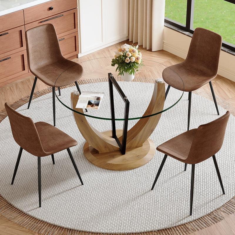 Tempered Cam Çerçeveli Yuvarlak Mutfak Masası 122 cm Kahverengi Sandalyeli 4 Kişilik Set - 85786.0