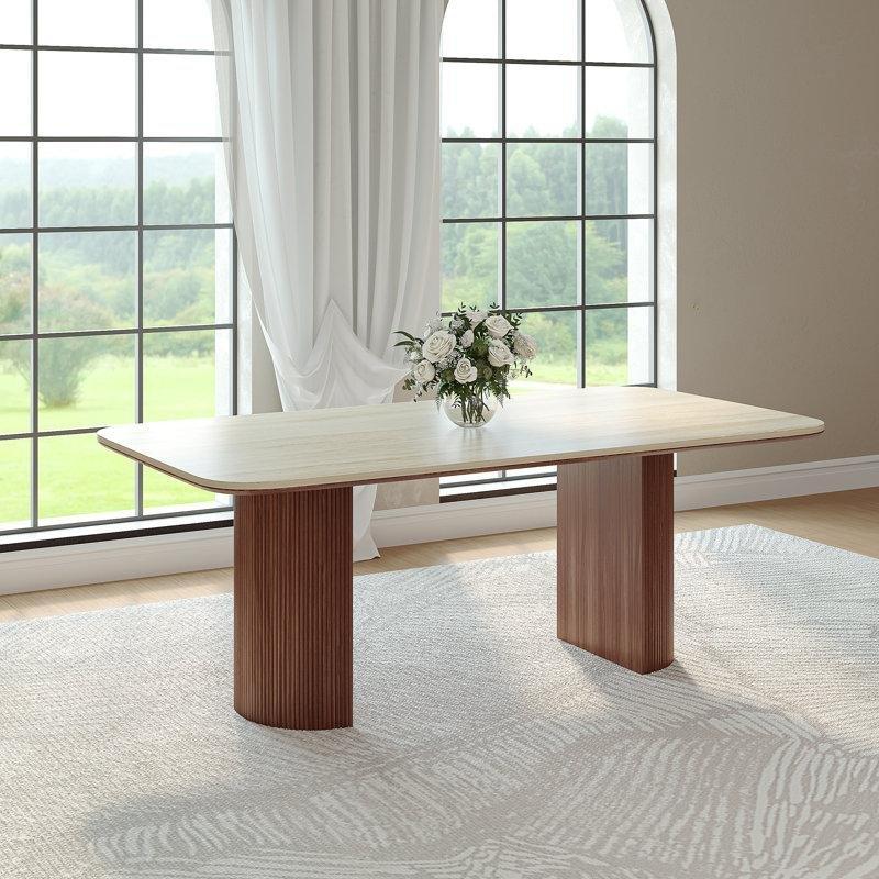 Travertine Taşlı Kahverengi Masif Ahşap Bacaklı 180 cm Modern Yemek Masası - 87478