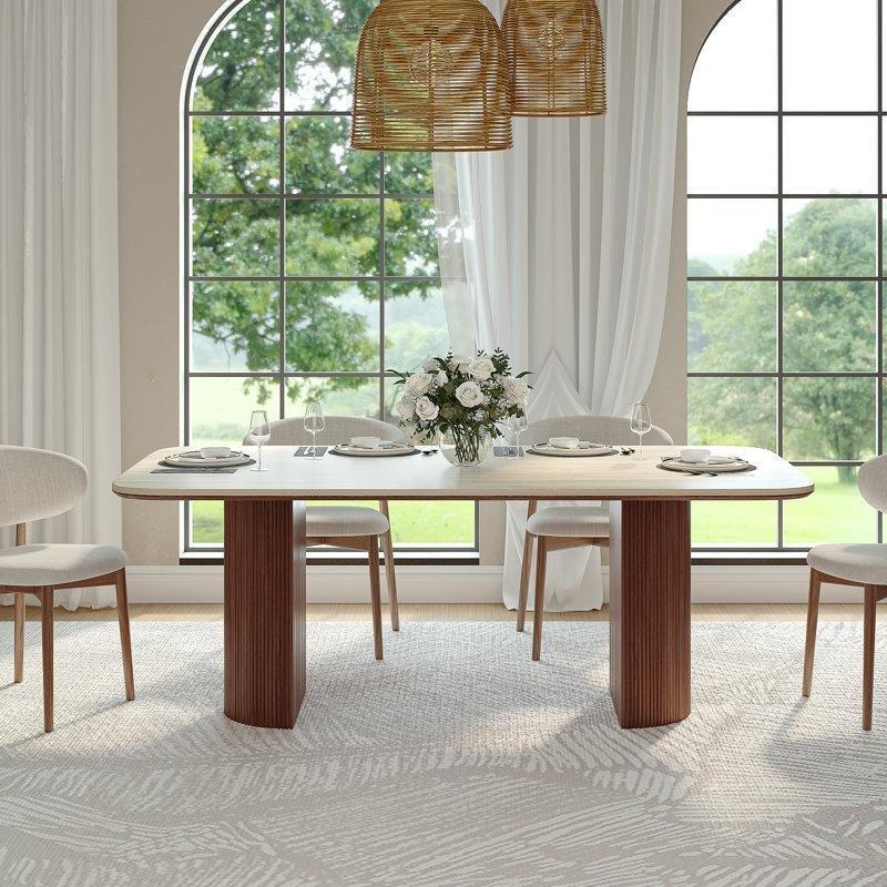 Travertine Taşlı Kahverengi Masif Ahşap Bacaklı 180 cm Modern Yemek Masası - 87478