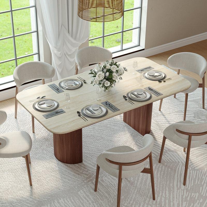 Travertine Taşlı Kahverengi Masif Ahşap Bacaklı 180 cm Modern Yemek Masası - 87478