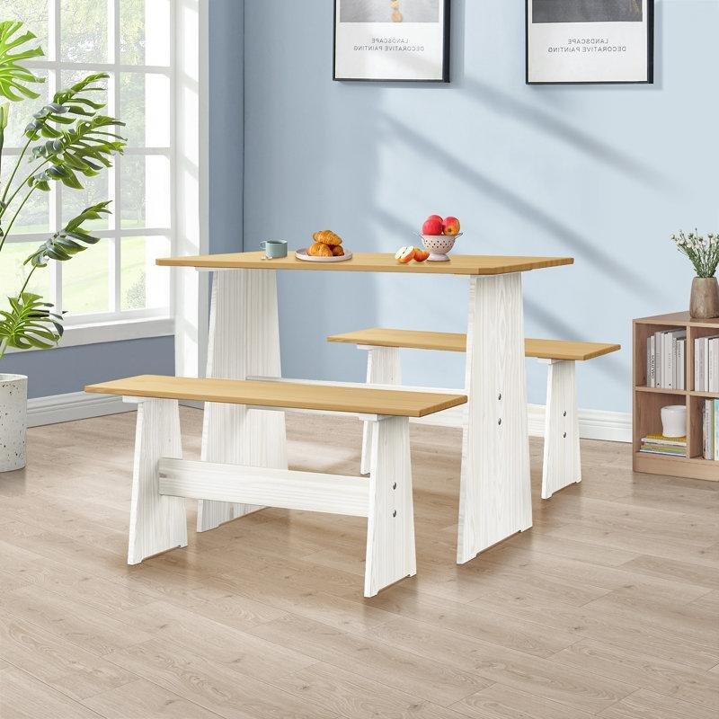 Treya Çam Ahşap Beyaz ve Bal Renkli Dikdörtgen Mutfak Masası 100x60 cm 2 Tezgahsız Bench Seti - 88729