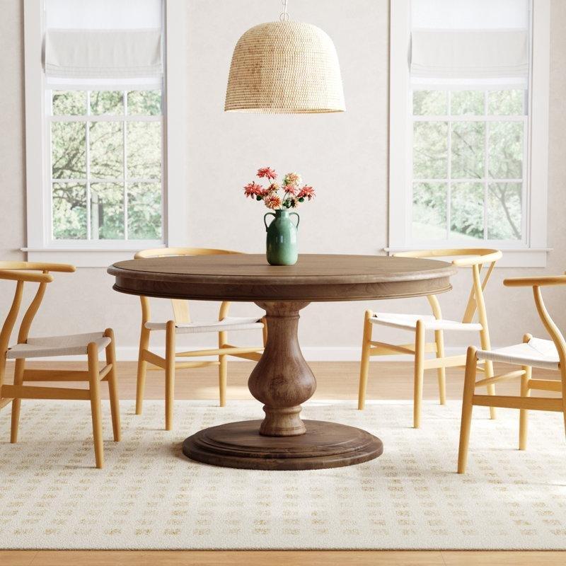 Vintage Beyaz Yemek Masası 137 cm Yuvarlak Masif Ahşap Pedestal Tabanlı - 84316