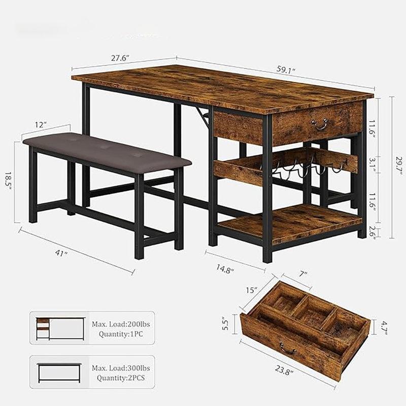 Vintage Kahverengi Endüstriyel Ahşap Mutfak Masası 150x70 cm Puflu Benchli Depolama Raflı - 88777