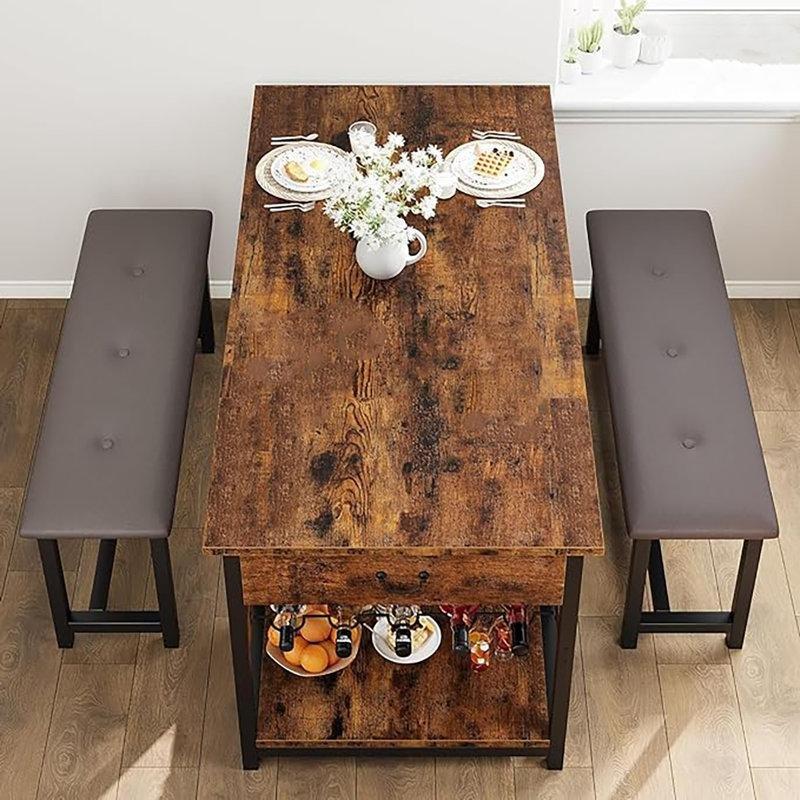 Vintage Kahverengi Endüstriyel Ahşap Mutfak Masası 150x70 cm Puflu Benchli Depolama Raflı - 88777