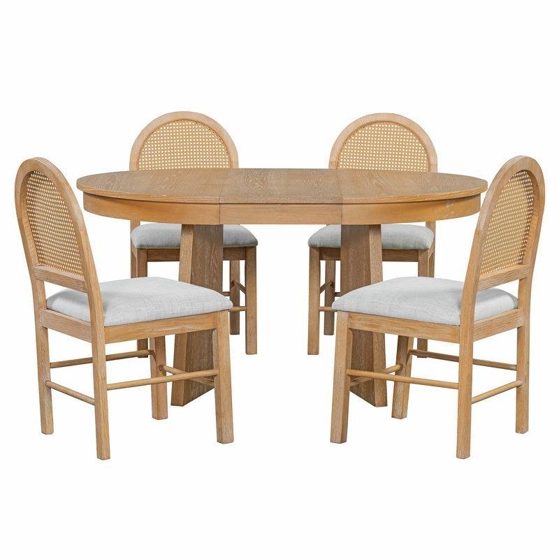 Vintage Tasarımlı Genişletilebilir Oval Yemek Masası Takımı Hasır Sırtlı Sandalyeler Doğal Ahşap 4 Kişilik - 88105