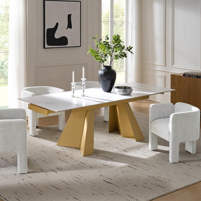 Yapay Mermerli Açılır Yemek Masası 160 cm Gold Ayaklı Modern Tasarım - 83518