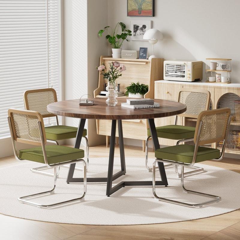 Yeşil Kadife Döşemeli Rattan Yemek Masası Takımı 120 cm Ceviz Rengi - 88201