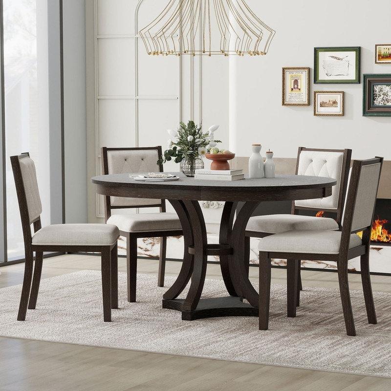 Yuvarlak Açılır Mutfak Masası Espresso Rengi 4 Sandalyeli Set 147 cm - 85117.0