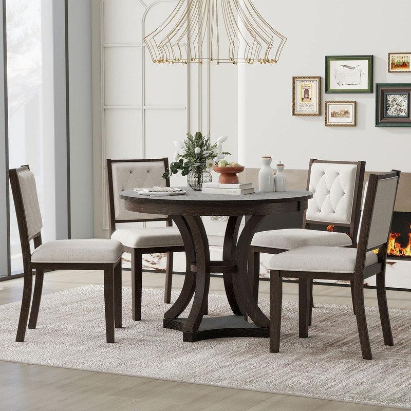 Yuvarlak Açılır Mutfak Masası Espresso Rengi 4 Sandalyeli Set 147 cm - 85117.0