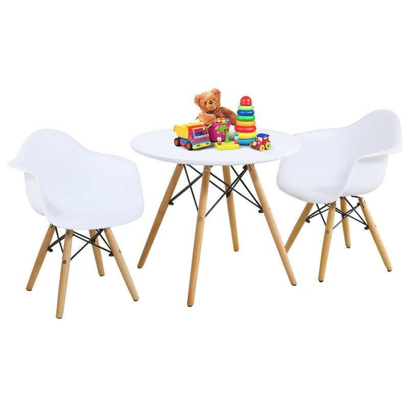 Yuvarlak Beyaz Endüstriyel Ahşap Çocuk Yemek Masası 60 cm Çapında İki Sandalyeli Set - 86593