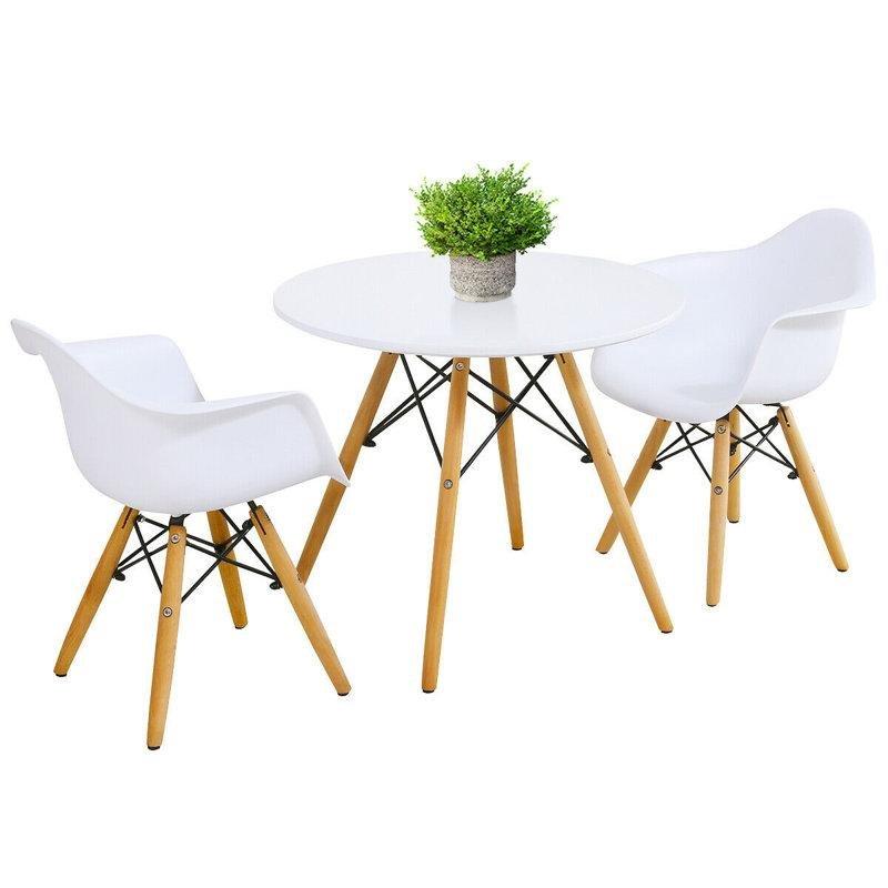Yuvarlak Beyaz Endüstriyel Ahşap Çocuk Yemek Masası 60 cm Çapında İki Sandalyeli Set - 86593