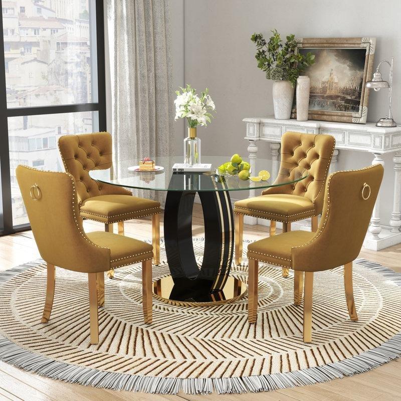 Yuvarlak Cam Tablalı Gold Kadife Sandalyeli Yemek Odası Takımı - 85693.0