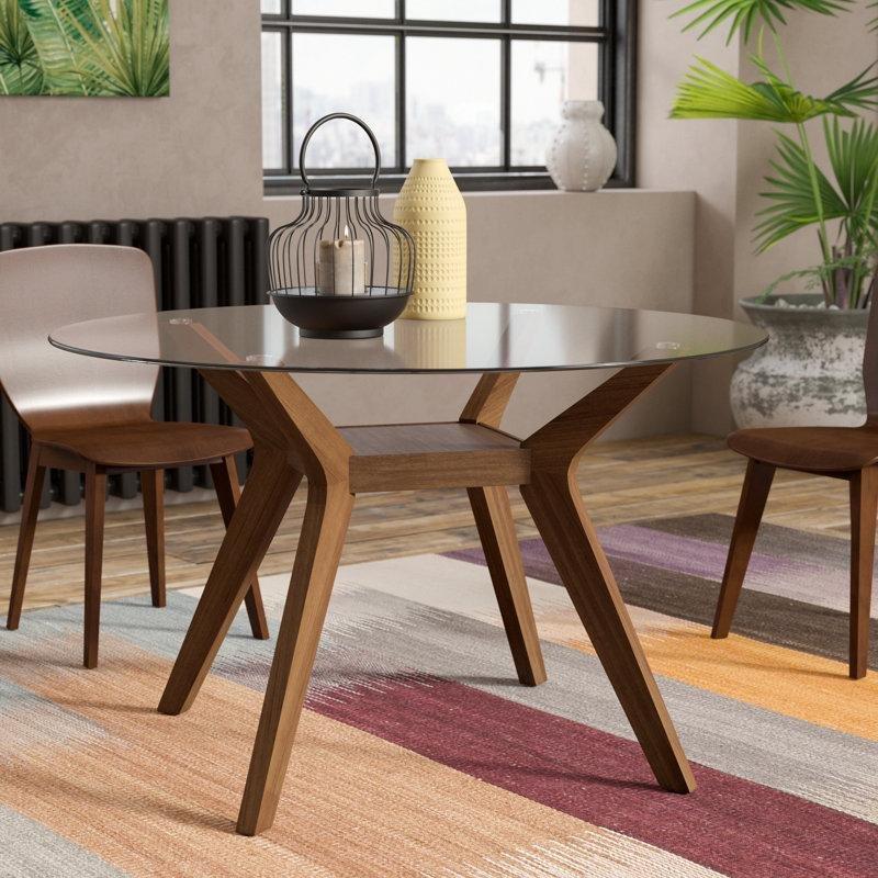 Yuvarlak Cam Üstlü Endüstriyel Ahşap Yemek Masası 122 cm Çapında Kahverengi - 84772