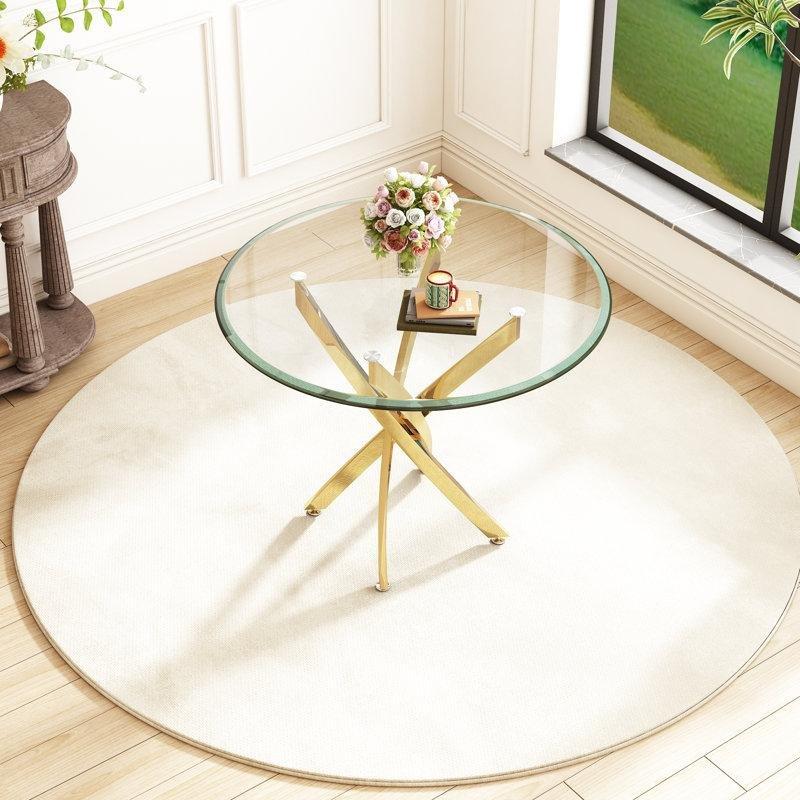Yuvarlak Cam Yemek Masası 91 cm Paslanmaz Çelik Ayaklı - 84769