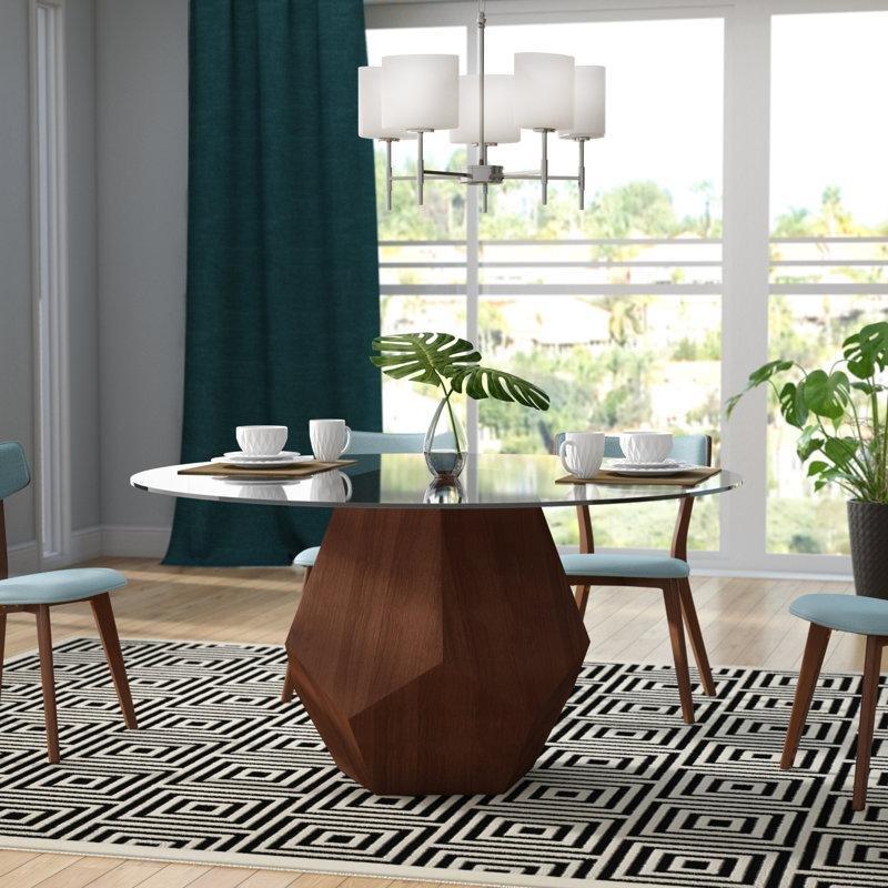 Yuvarlak Gri Cam Tablalı Ceviz Rengi Ahşap Tabanlı Yemek Masası 150 cm - 84793