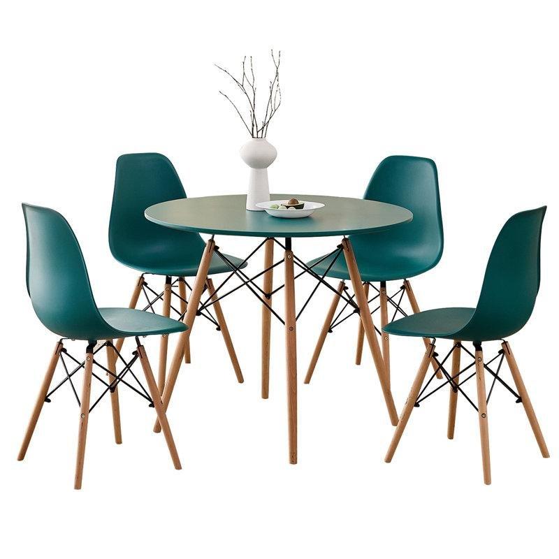 Yuvarlak Kompakt Yemek Masası Seti 90 cm Ahşap Ayaklı Dört Yeşil Sandalyeli - 88039