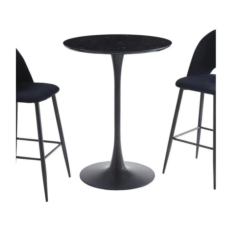 Yuvarlak Mermer Desenli Cam Bardak Masası 105 cm Siyah Ayaklı - 88597