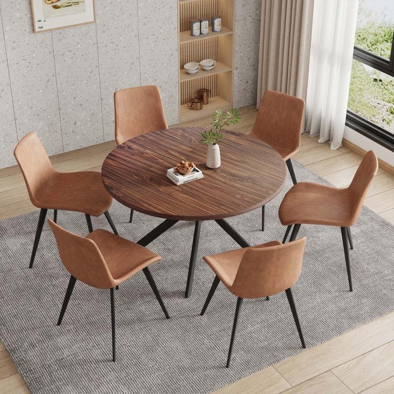 Yuvarlak Modern Endüstriyel Ahşap Mutfak Masası Takımı 115 cm Kahverengi 6 Sandalyeli - 85657.0