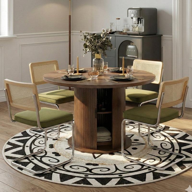 Yuvarlak Pedestal Kahverengi Masif Ahşap Rattan Yemek Masası Takımı 4 Yeşil Sandalyeli - 88147