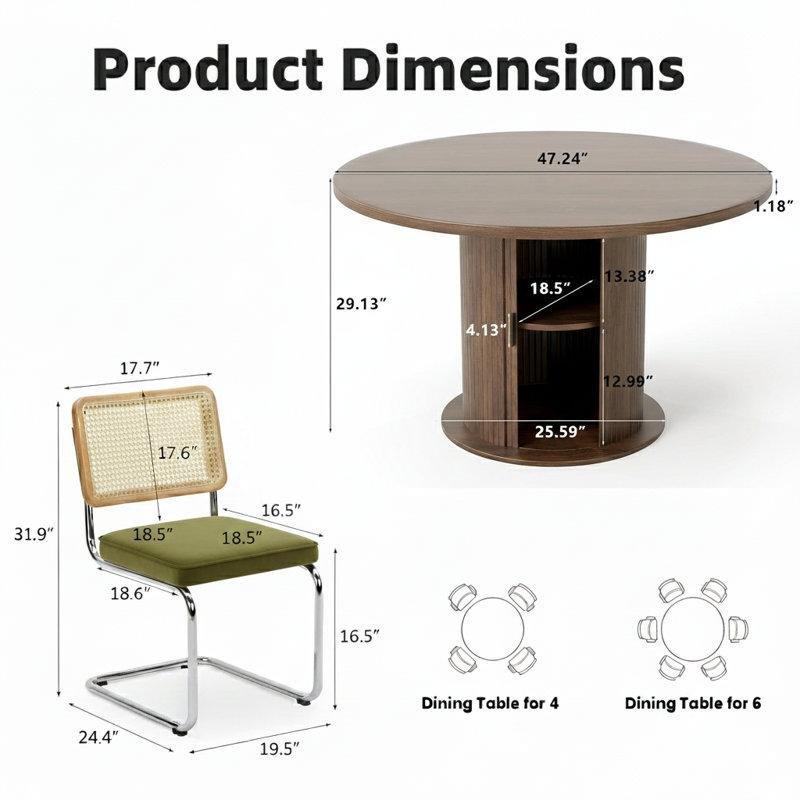 Yuvarlak Pedestal Kahverengi Masif Ahşap Rattan Yemek Masası Takımı 4 Yeşil Sandalyeli - 88147