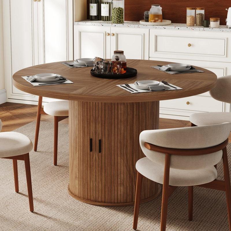 Yuvarlak Saklama Bölmeli Ceviz Rengi Endüstriyel Ahşap Mutfak Yemek Masası 120 cm - 84931