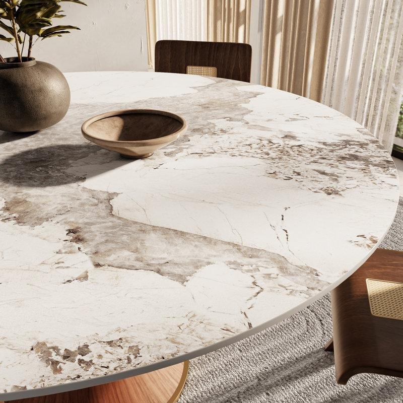 Yuvarlak Taş Tablalı Kahverengi Endüstriyel Ahşap 8 Kişilik Yemek Masası 120 cm - 84259