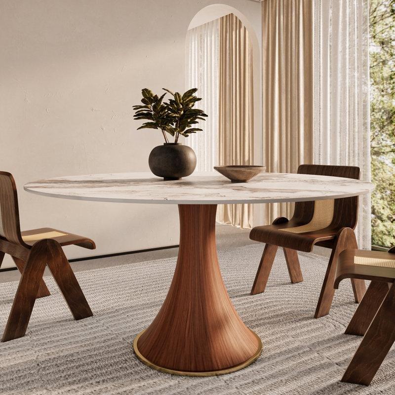 Yuvarlak Taş Tablalı Kahverengi Endüstriyel Ahşap 8 Kişilik Yemek Masası 120 cm - 84259