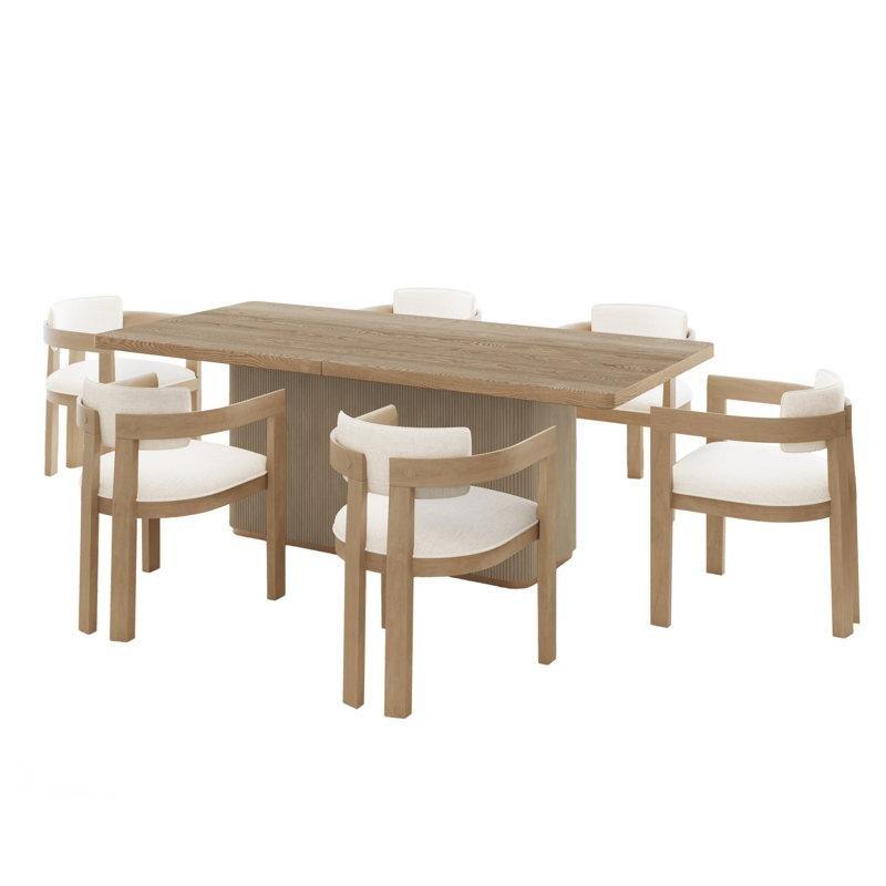Yüzyıl Ortası Tasarımlı Doğal Ahşap Yemek Masası Takımı 213x102 cm Bej Kumaş Sandalyeli - 88114