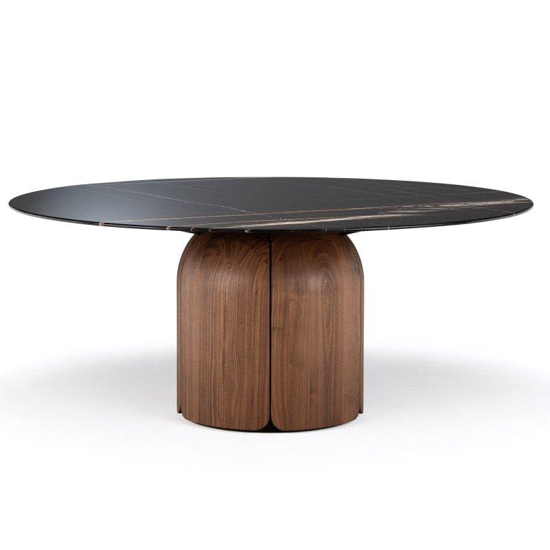 180 cm Yuvarlak Siyah Mermer Masa Ceviz Ayaklı - 92173