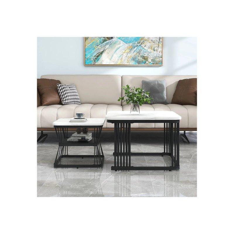 2 Adet Mermer Görünümlü PVC Katlanır Orta Sehpa Seti Beyaz Siyah Metal Ayaklı 65x65x45 cm - 102381