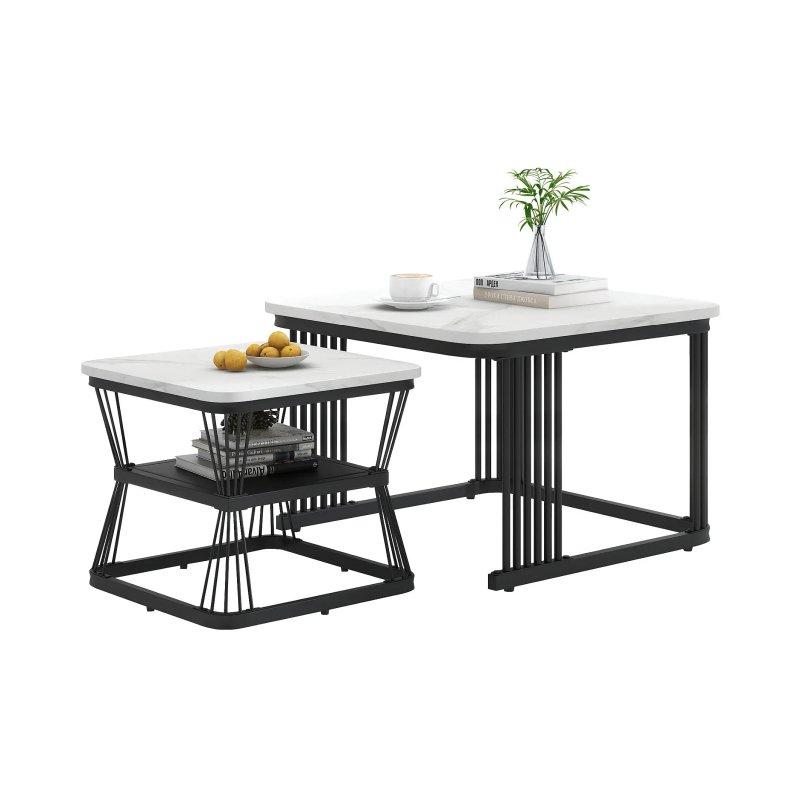 2 Adet Mermer Görünümlü PVC Katlanır Orta Sehpa Seti Beyaz Siyah Metal Ayaklı 65x65x45 cm - 102381