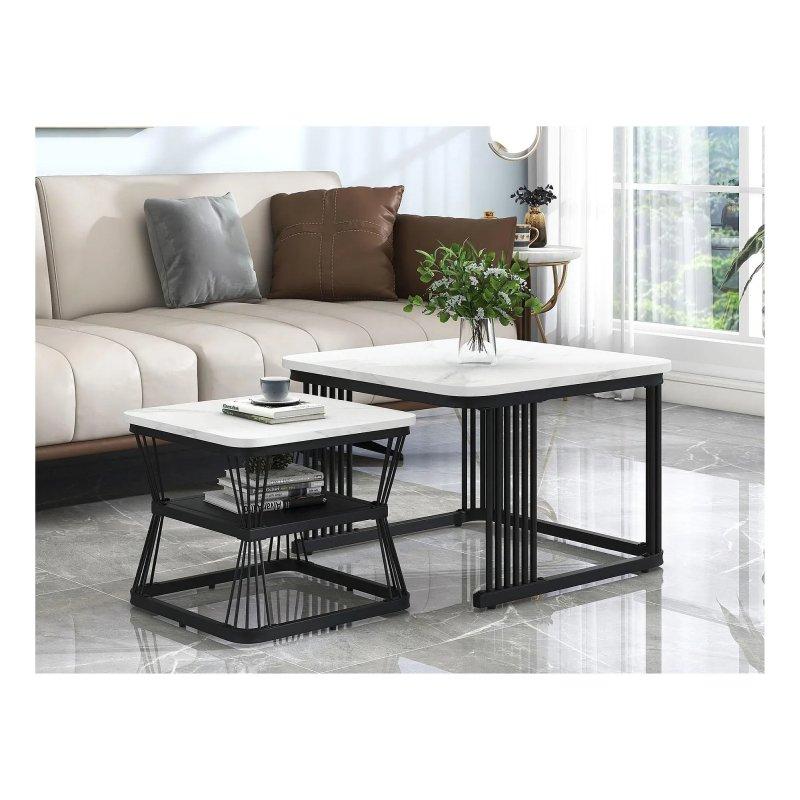 2 Adet Mermer Görünümlü PVC Katlanır Orta Sehpa Seti Beyaz Siyah Metal Ayaklı 65x65x45 cm - 102381
