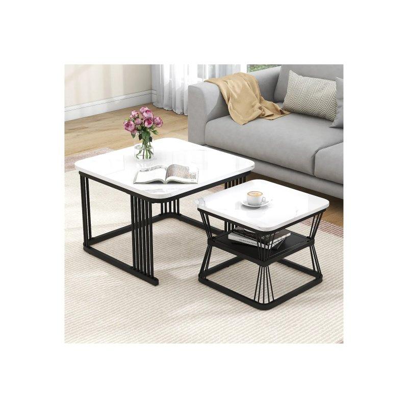 2 Li Mermer Desenli Siyah Metal Orta Sehpa 65x65 cm - 102315