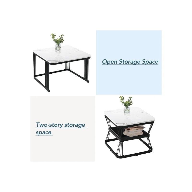 2 Li Mermer Desenli Siyah Metal Orta Sehpa 65x65 cm - 102315