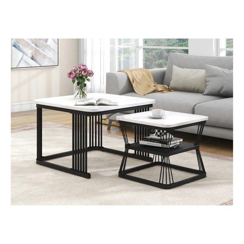 2 Li Mermer Desenli Siyah Metal Orta Sehpa 65x65 cm - 102315